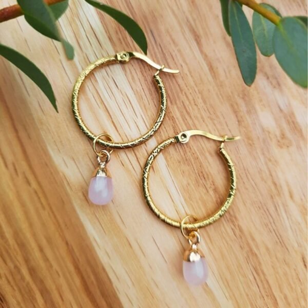 White pink stone pendant hoop earrings