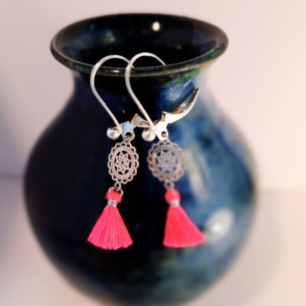 Silver tassle earrings in hot pink