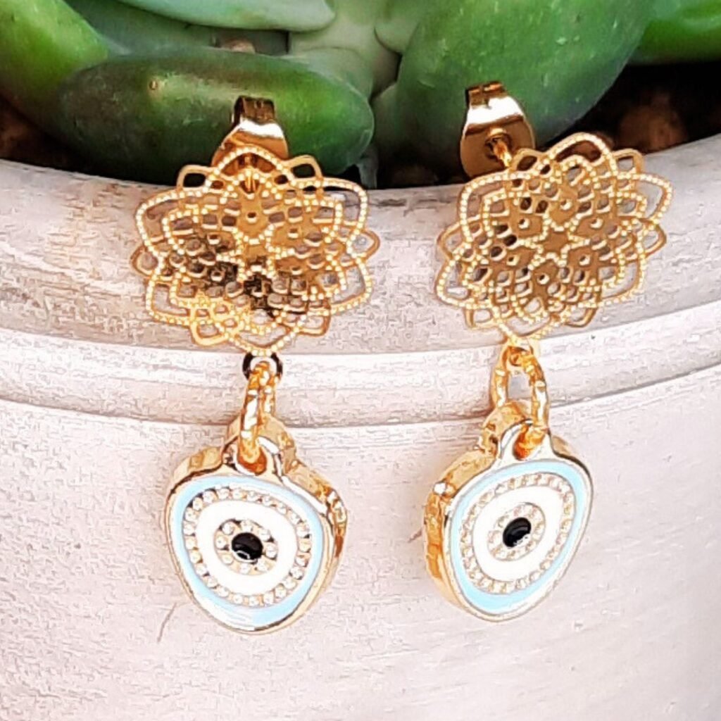 Wildflower evil eye earrings in aqua