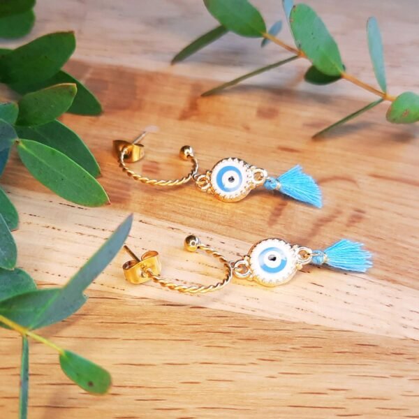 Sky blue evil eye tassel earrings - Image 2
