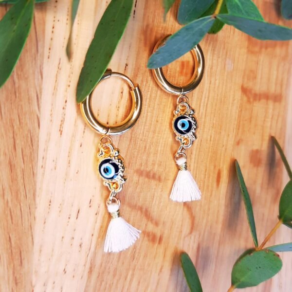 Dreamy white evil eye tassel hoops