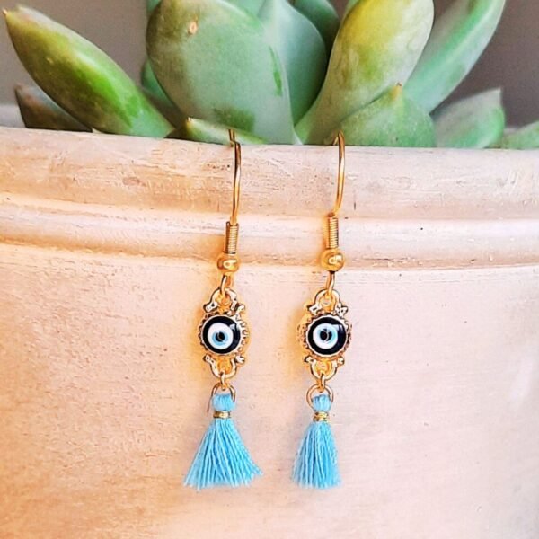 Bohemian blue evil eye tassel earrings