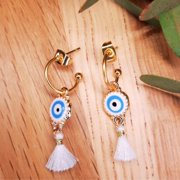 Dreamy white evil eye tassel earrings